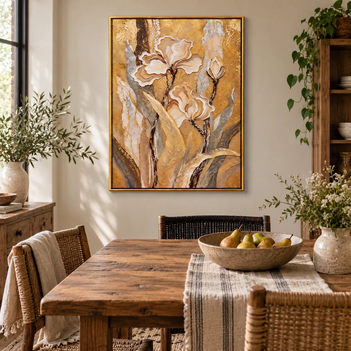 Cream and Beige Flowers on Gold Oil Painting | Raised Petal Lines Grey Leaves Textured Vertical Botanical Wall Art OA 1773