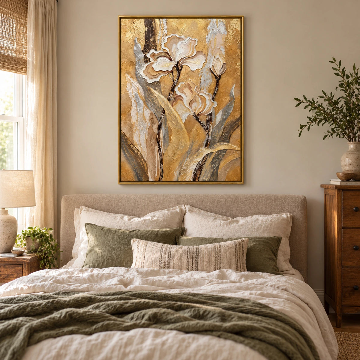 Cream and Beige Flowers on Gold Oil Painting | Raised Petal Lines Grey Leaves Textured Vertical Botanical Wall Art OA 1773