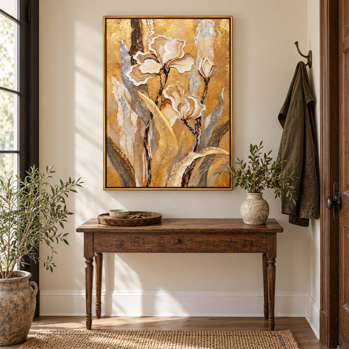 Cream and Beige Flowers on Gold Oil Painting | Raised Petal Lines Grey Leaves Textured Vertical Botanical Wall Art OA 1773