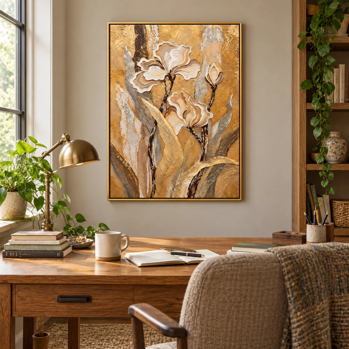 Cream and Beige Flowers on Gold Oil Painting | Raised Petal Lines Grey Leaves Textured Vertical Botanical Wall Art OA 1773