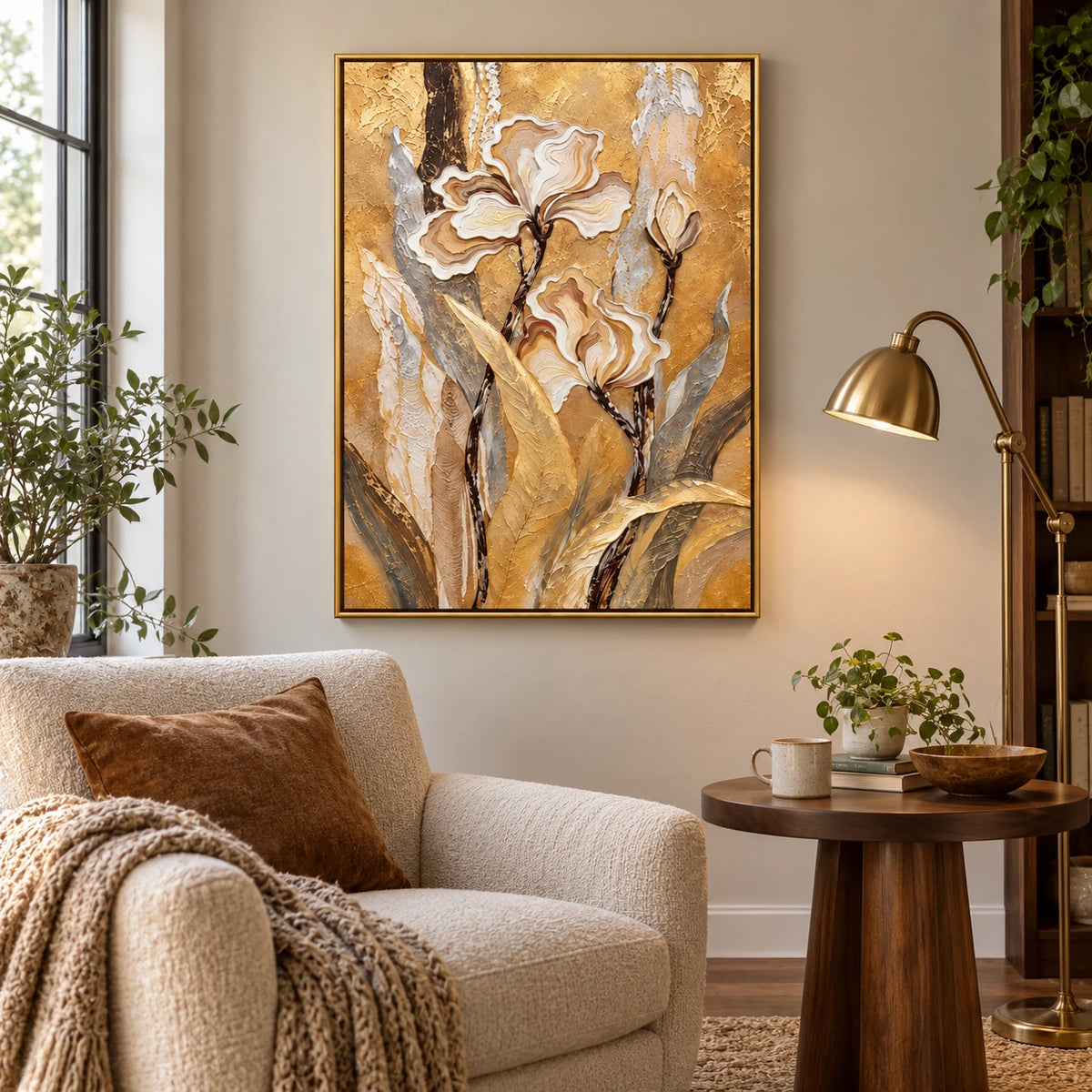 Cream and Beige Flowers on Gold Oil Painting | Raised Petal Lines Grey Leaves Textured Vertical Botanical Wall Art OA 1773