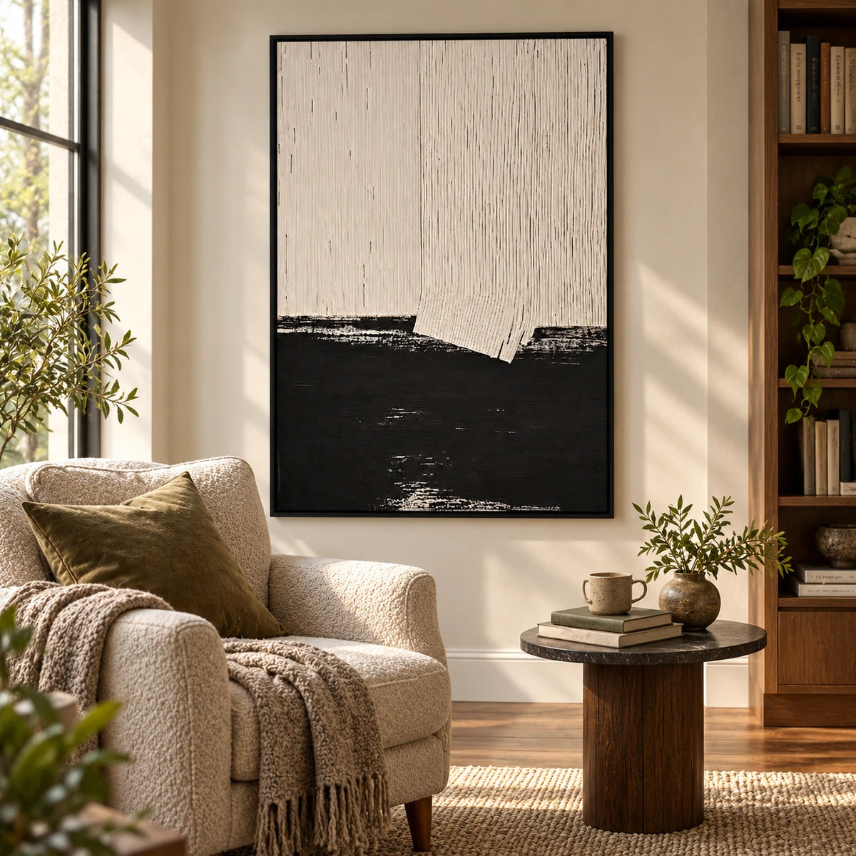 Cream and Black Abstract Oil Painting | Fine Vertical Grooves and Dark Lower Horizon Minimalist Wall Art OA 1790