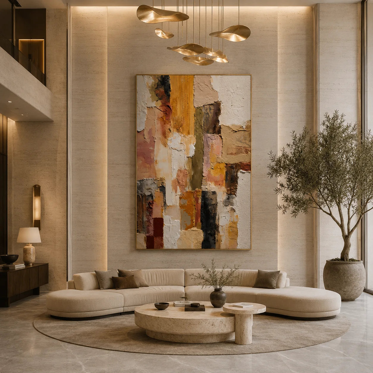 Cream Beige, Blush Pink and Ochre Geometric Textured Abstract Oil Painting – Vertical Wabi-Sabi Neutral Wall Art | Ownanart # OA 1205