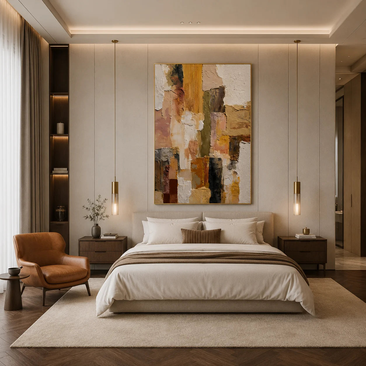 Cream Beige, Blush Pink and Ochre Geometric Textured Abstract Oil Painting – Vertical Wabi-Sabi Neutral Wall Art | Ownanart # OA 1205