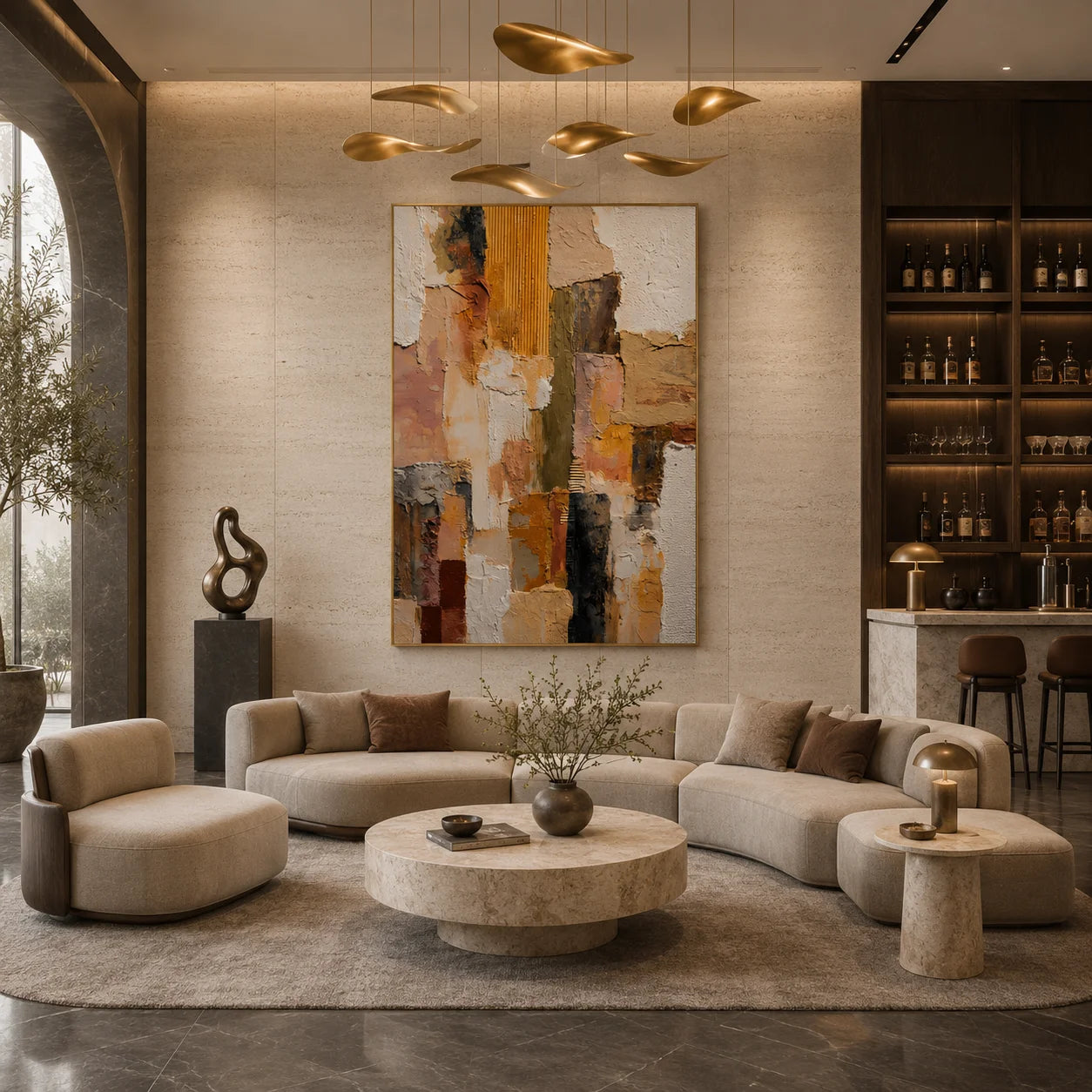 Cream Beige, Blush Pink and Ochre Geometric Textured Abstract Oil Painting – Vertical Wabi-Sabi Neutral Wall Art | Ownanart # OA 1205