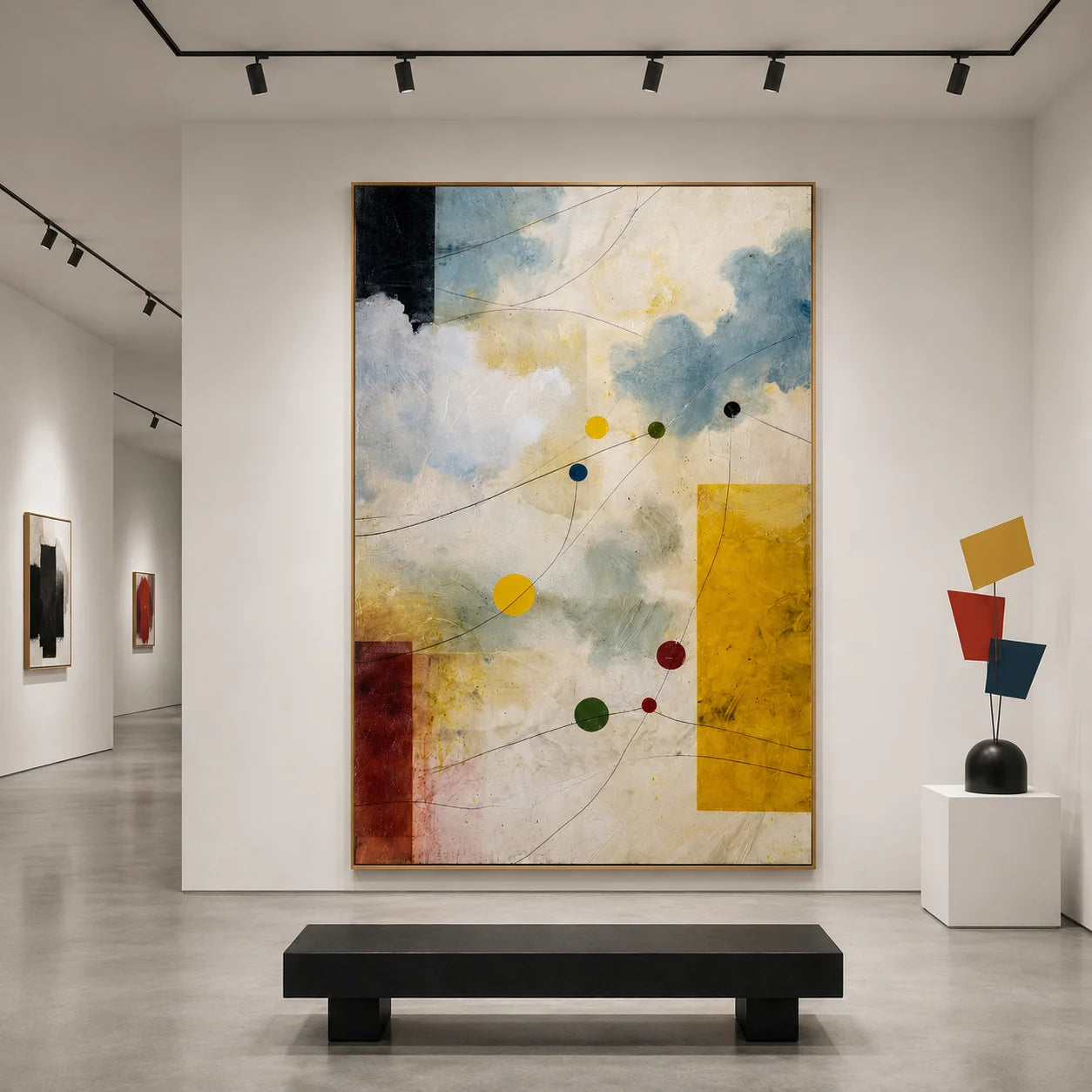 Cream, Sky Blue and Mustard Yellow Celestial Orbit Geometric Hand-Painted Oil Painting – Vertical Mid-Century Modern Wall Art | Ownanart # OA 1207