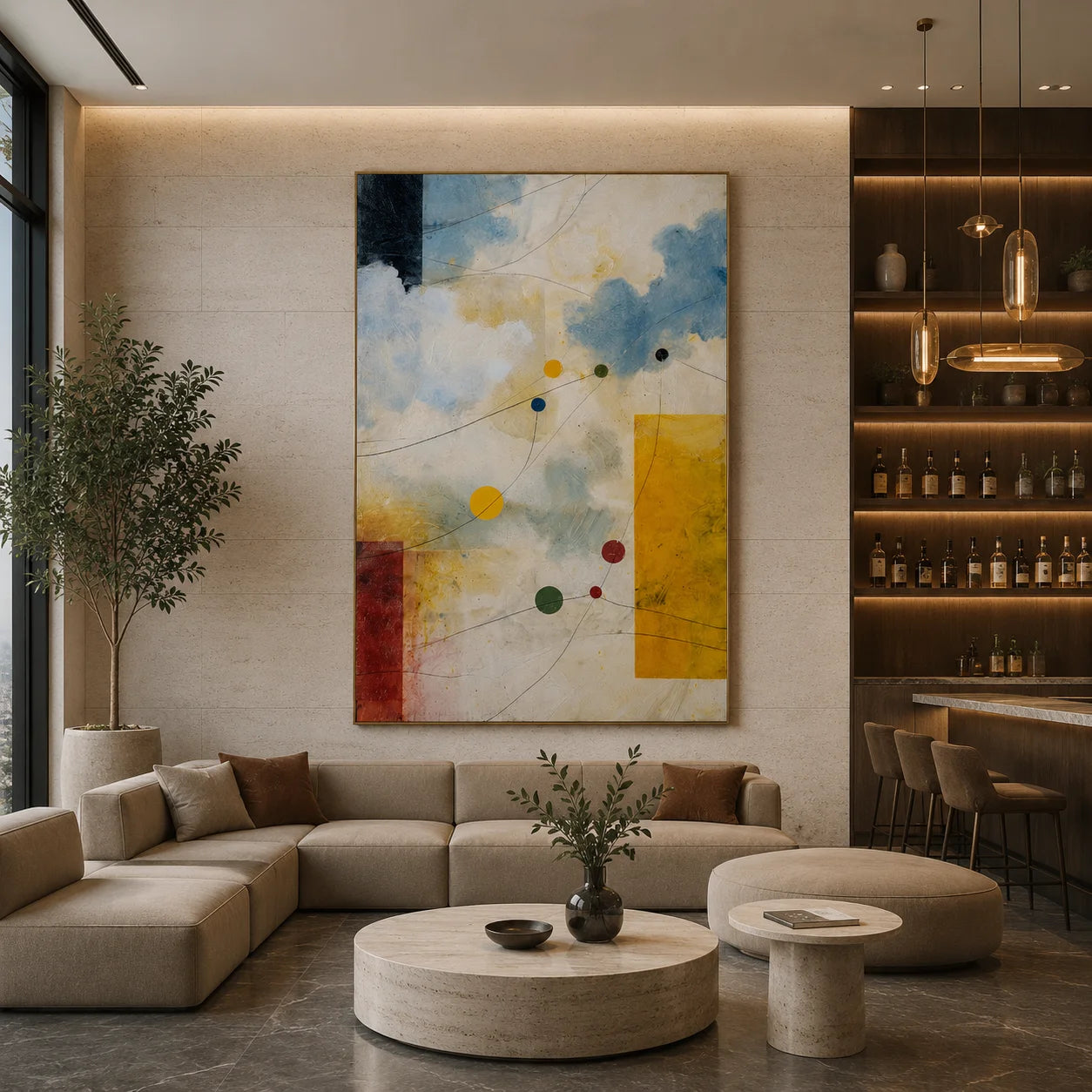 Cream, Sky Blue and Mustard Yellow Celestial Orbit Geometric Hand-Painted Oil Painting – Vertical Mid-Century Modern Wall Art | Ownanart # OA 1207