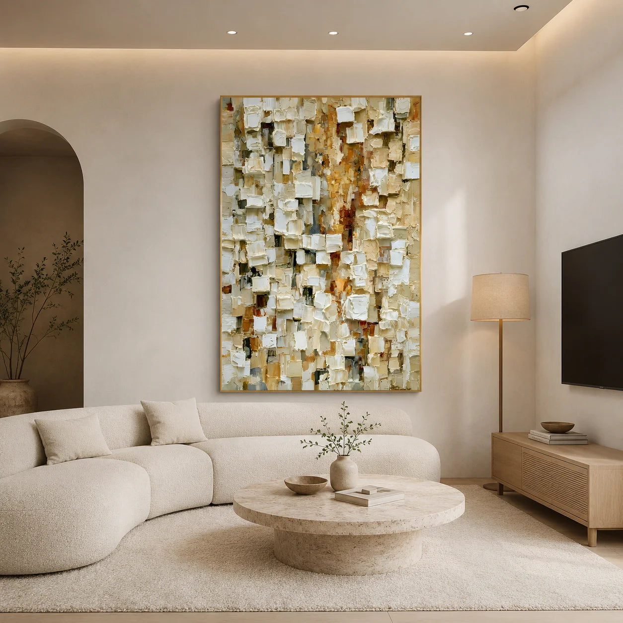 Cream White, Beige and Warm Gold Mosaic Block Textured Abstract Oil Painting – Vertical Neutral Impasto Wall Art | Ownanart # OA 1210