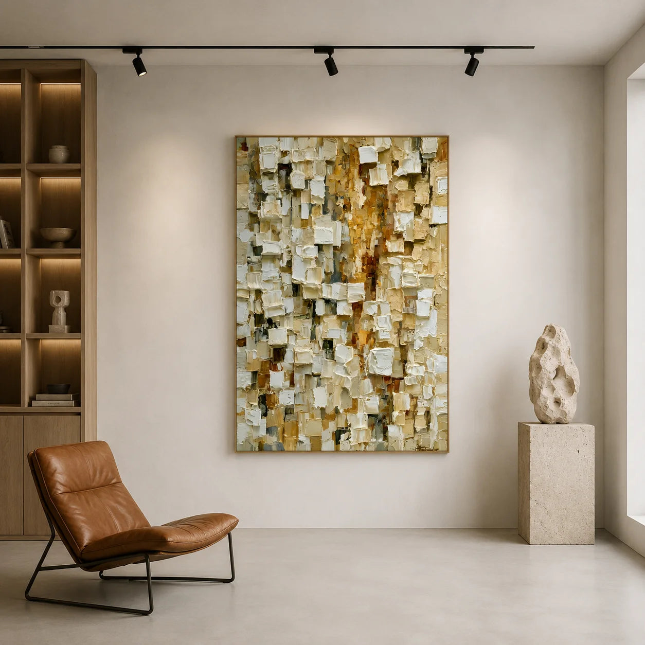 Cream White, Beige and Warm Gold Mosaic Block Textured Abstract Oil Painting – Vertical Neutral Impasto Wall Art | Ownanart # OA 1210