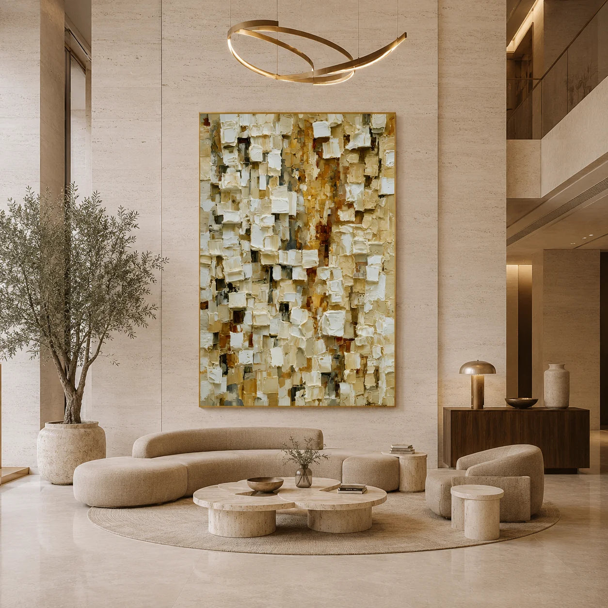 Cream White, Beige and Warm Gold Mosaic Block Textured Abstract Oil Painting – Vertical Neutral Impasto Wall Art | Ownanart # OA 1210