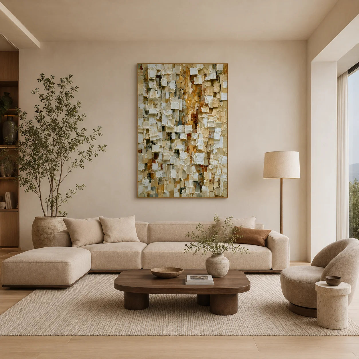 Cream White, Beige and Warm Gold Mosaic Block Textured Abstract Oil Painting – Vertical Neutral Impasto Wall Art | Ownanart # OA 1210