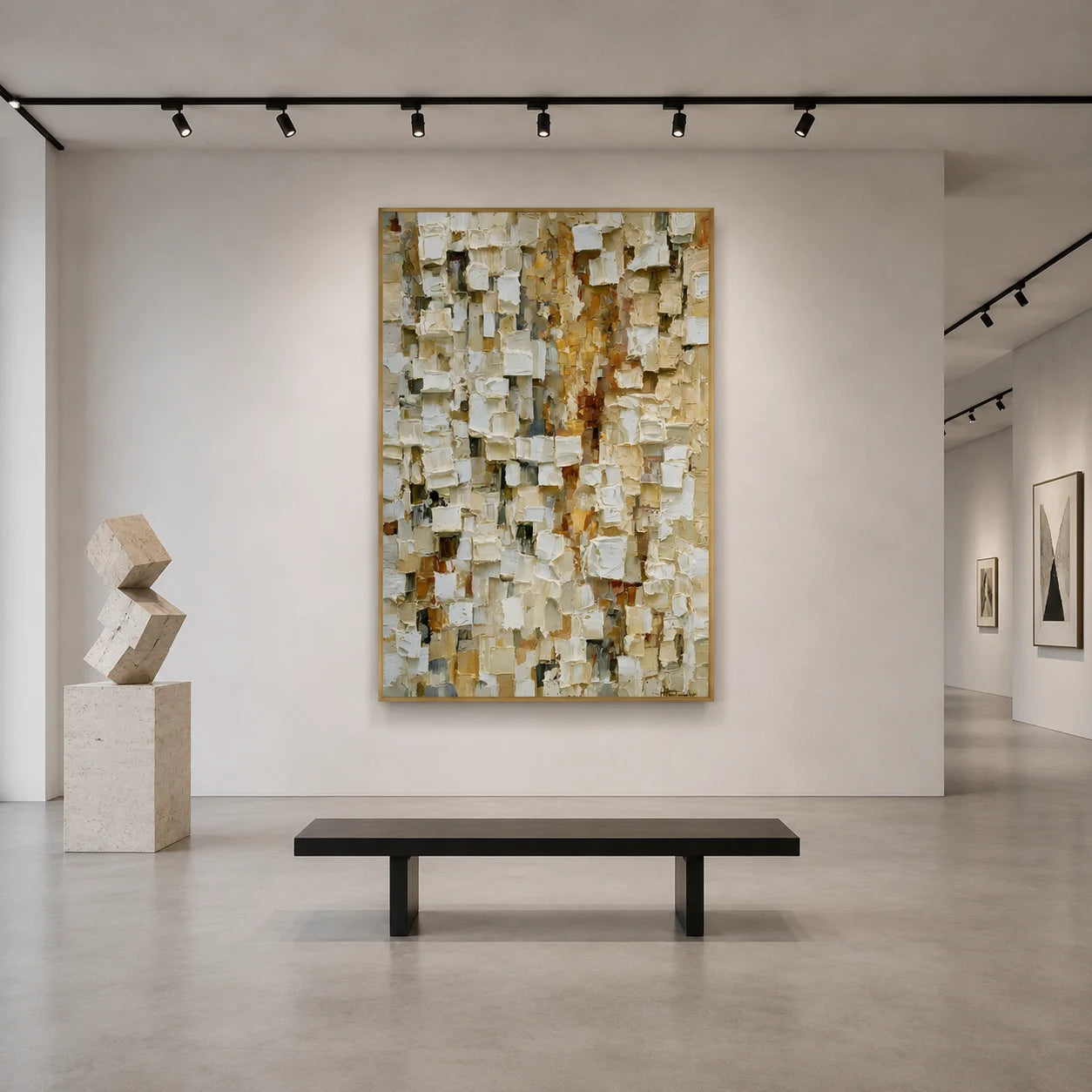 Cream White, Beige and Warm Gold Mosaic Block Textured Abstract Oil Painting – Vertical Neutral Impasto Wall Art | Ownanart # OA 1210