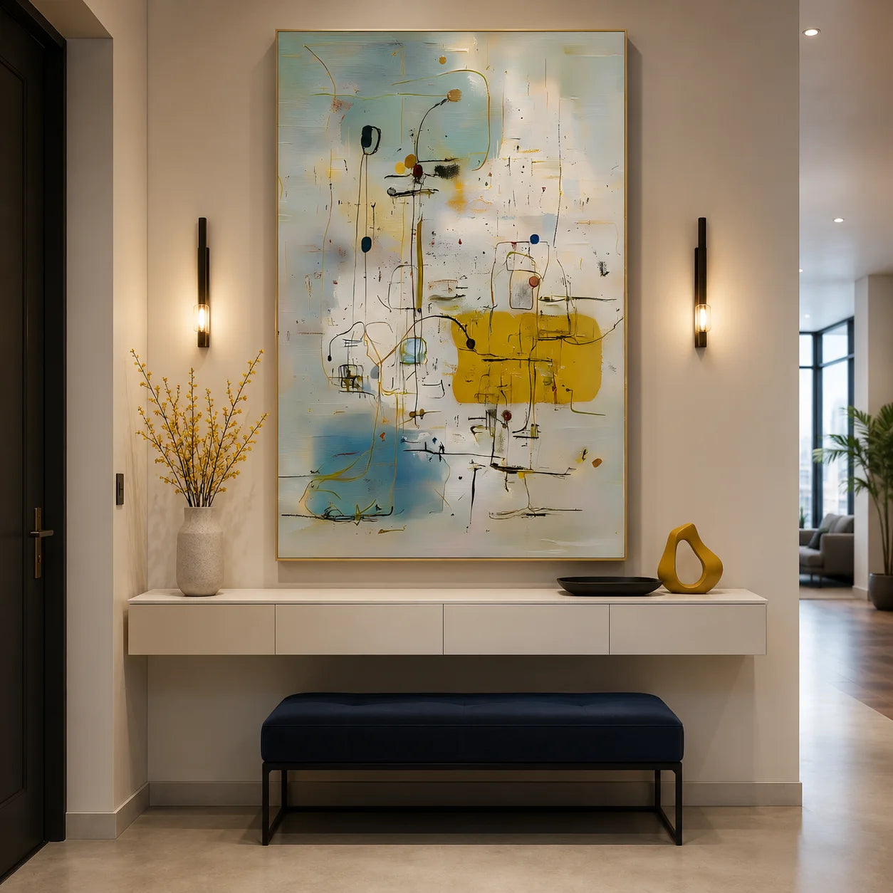 Cream White, Misty Blue and Mustard Yellow Line and Shape Abstract Hand-Painted Oil Painting – Vertical Mid-Century Minimalist Geometric Wall Art | Ownanart # OA 1221
