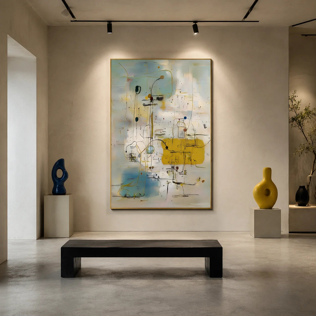 Cream White, Misty Blue and Mustard Yellow Line and Shape Abstract Hand-Painted Oil Painting – Vertical Mid-Century Minimalist Geometric Wall Art | Ownanart # OA 1221