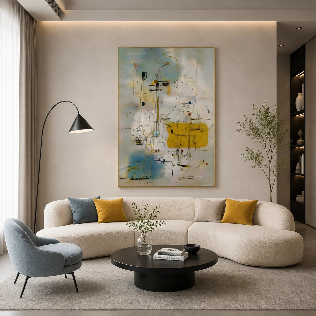 Cream White, Misty Blue and Mustard Yellow Line and Shape Abstract Hand-Painted Oil Painting – Vertical Mid-Century Minimalist Geometric Wall Art | Ownanart # OA 1221