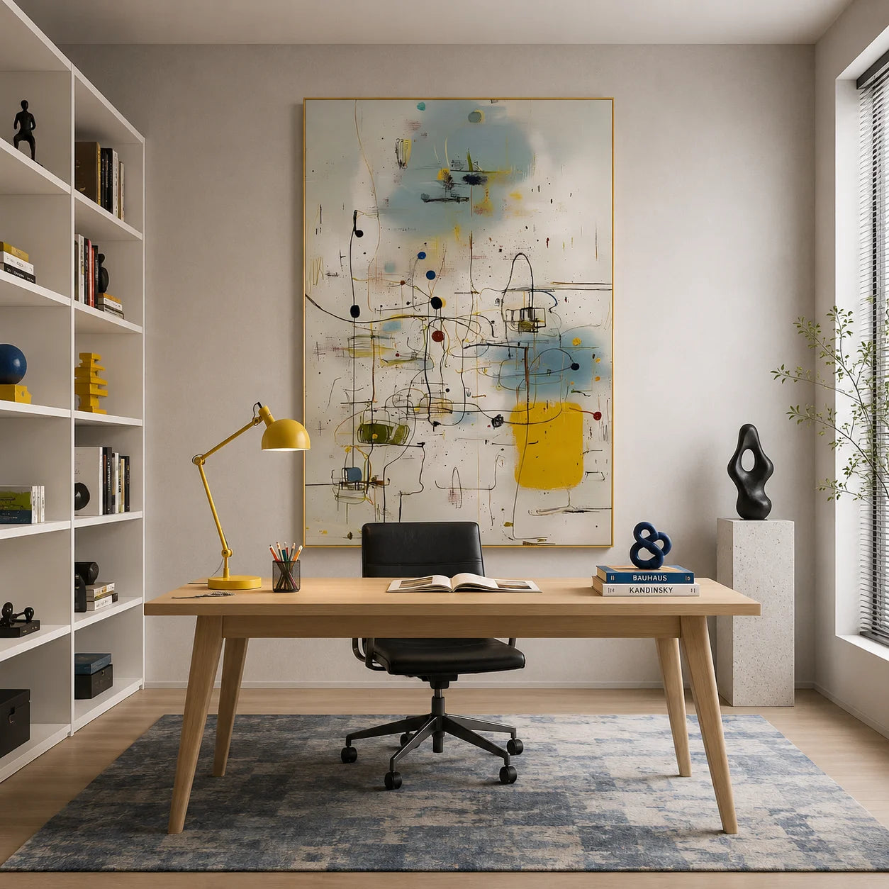 Cream White, Sky Blue and Mustard Yellow Line and Dot Geometric Abstract Hand-Painted Oil Painting – Vertical Mid-Century Modern Wall Art | Ownanart # OA 1220