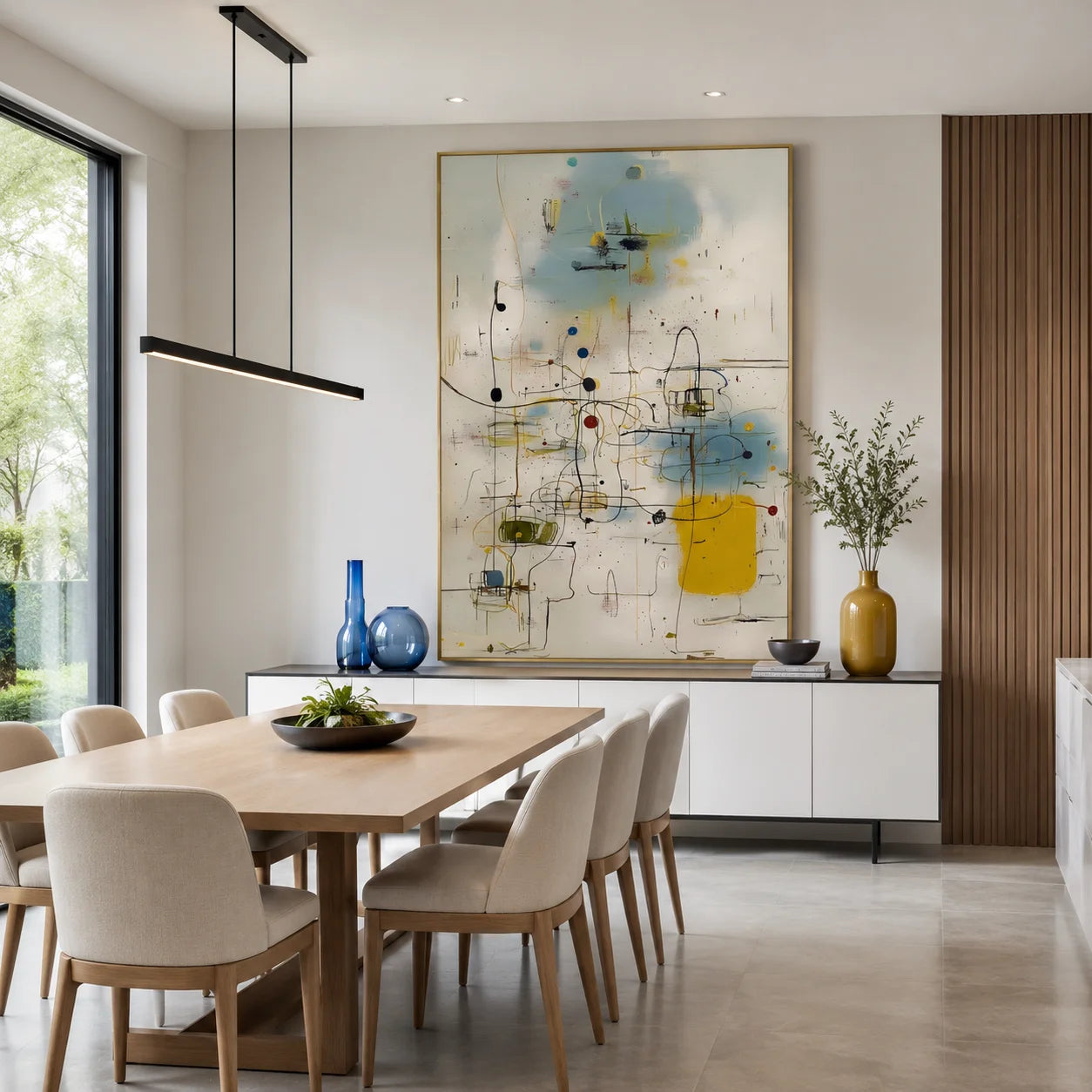 Cream White, Sky Blue and Mustard Yellow Line and Dot Geometric Abstract Hand-Painted Oil Painting – Vertical Mid-Century Modern Wall Art | Ownanart # OA 1220