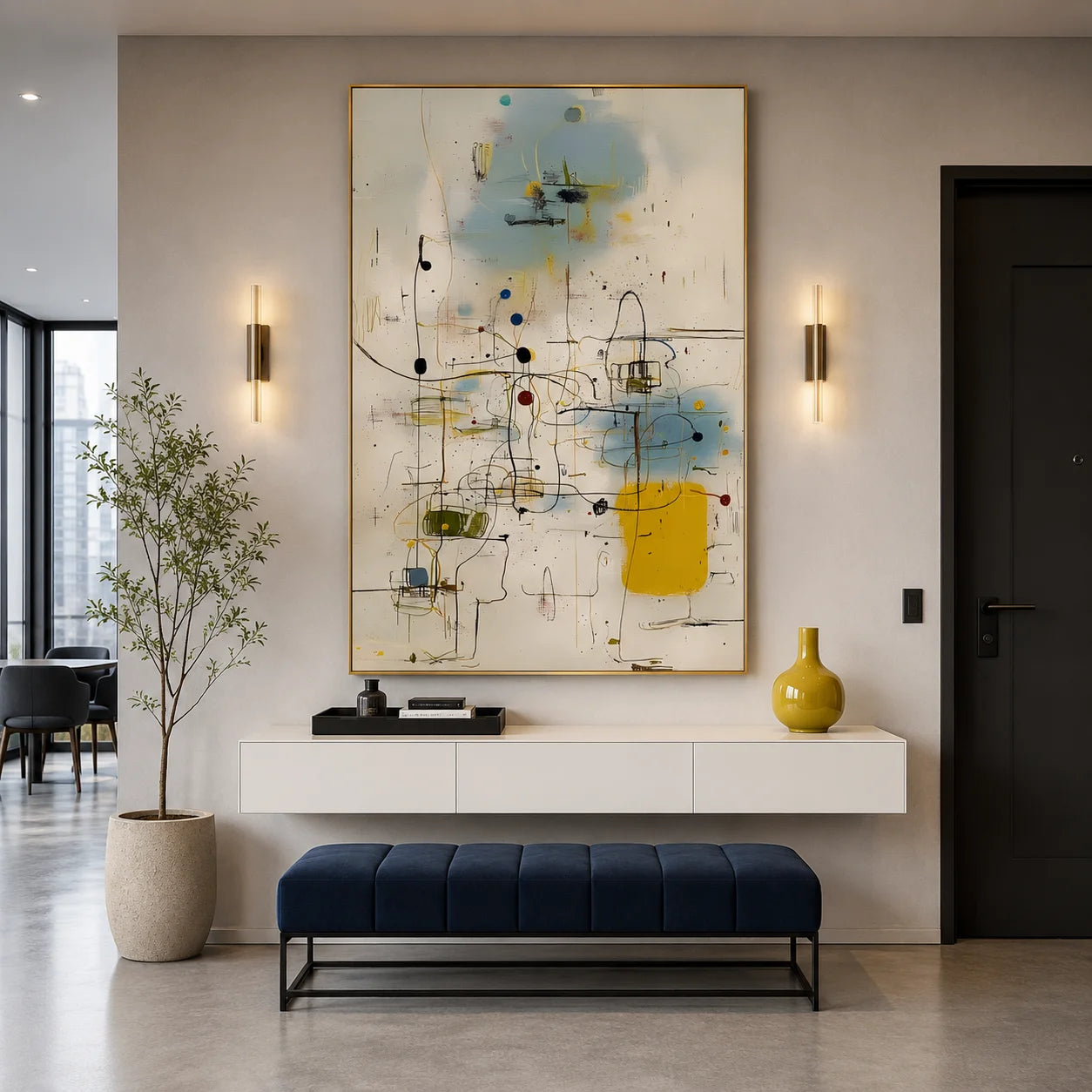 Cream White, Sky Blue and Mustard Yellow Line and Dot Geometric Abstract Hand-Painted Oil Painting – Vertical Mid-Century Modern Wall Art | Ownanart # OA 1220