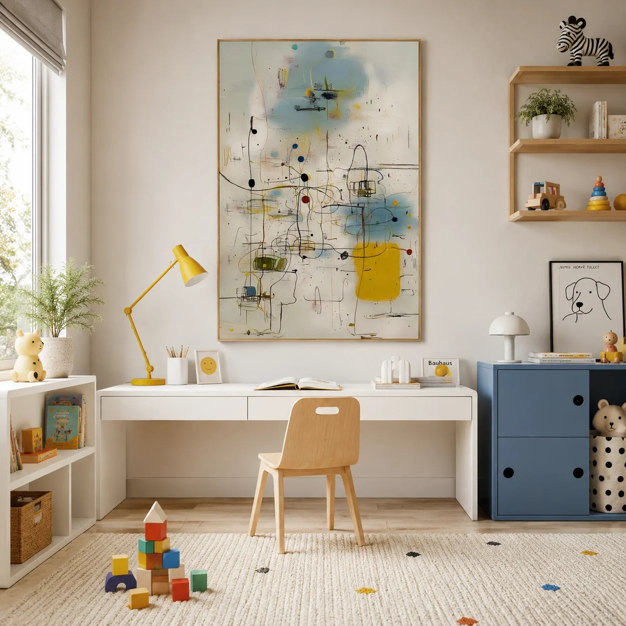 Cream White, Sky Blue and Mustard Yellow Line and Dot Geometric Abstract Hand-Painted Oil Painting – Vertical Mid-Century Modern Wall Art | Ownanart # OA 1220