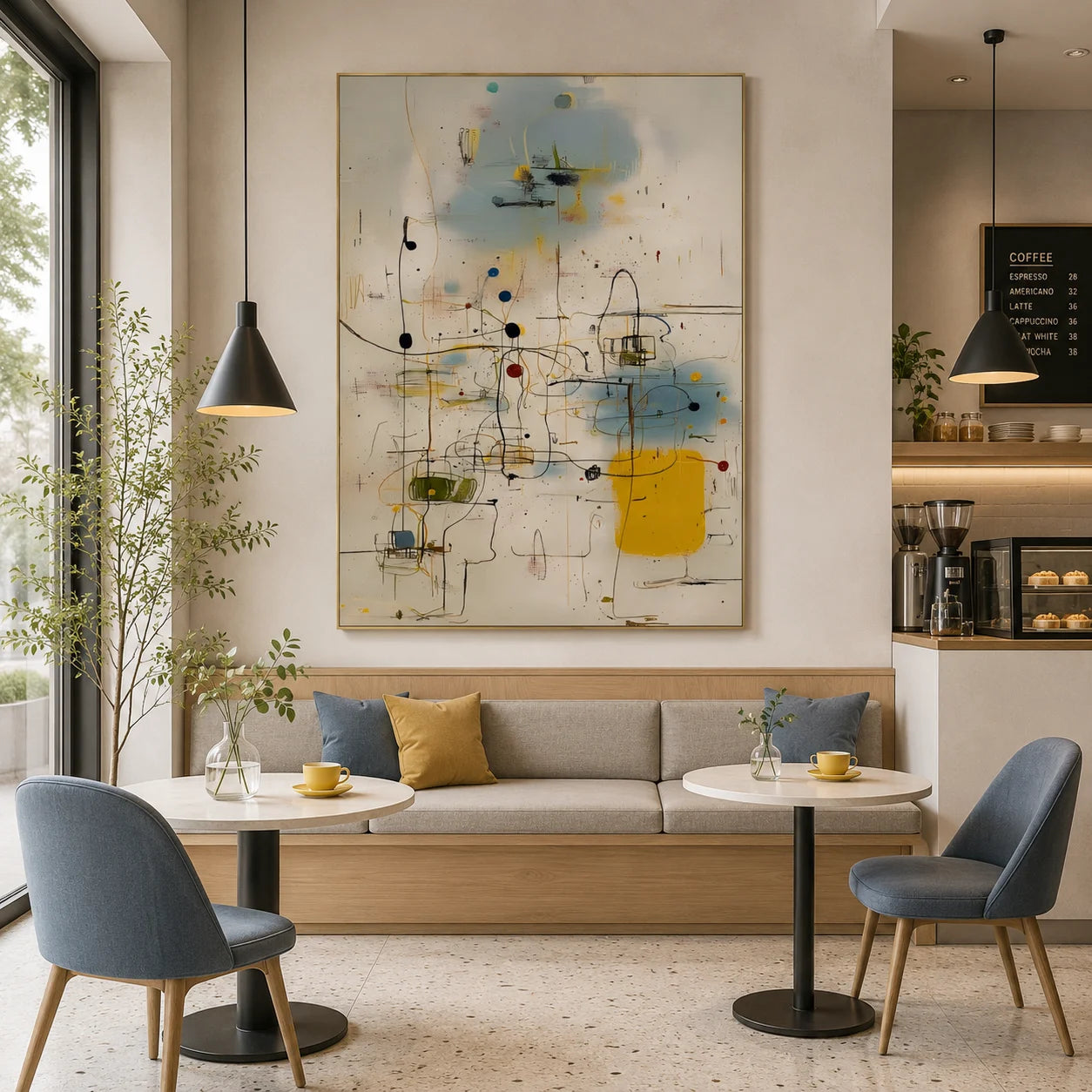 Cream White, Sky Blue and Mustard Yellow Line and Dot Geometric Abstract Hand-Painted Oil Painting – Vertical Mid-Century Modern Wall Art | Ownanart # OA 1220