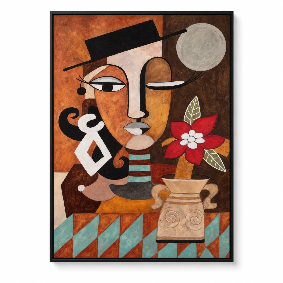 Cubist Woman with Red Flower Oil Painting | Black Hat Ochre Face Turquoise Accents and Vase Vertical Portrait Wall Art OA 1764
