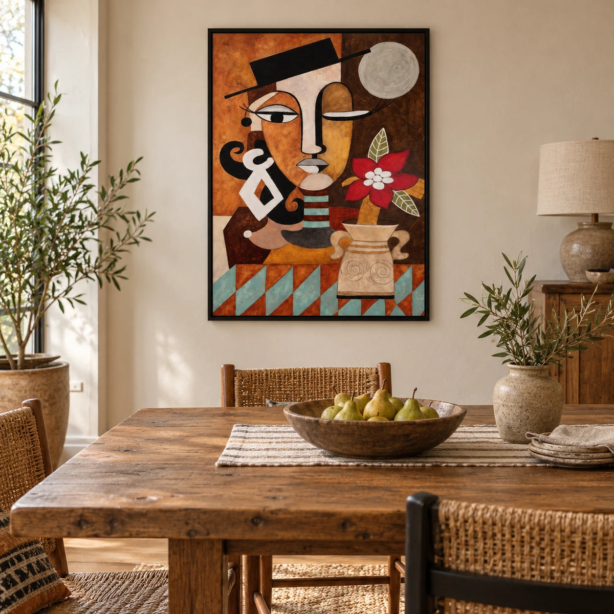 Cubist Woman with Red Flower Oil Painting | Black Hat Ochre Face Turquoise Accents and Vase Vertical Portrait Wall Art OA 1764