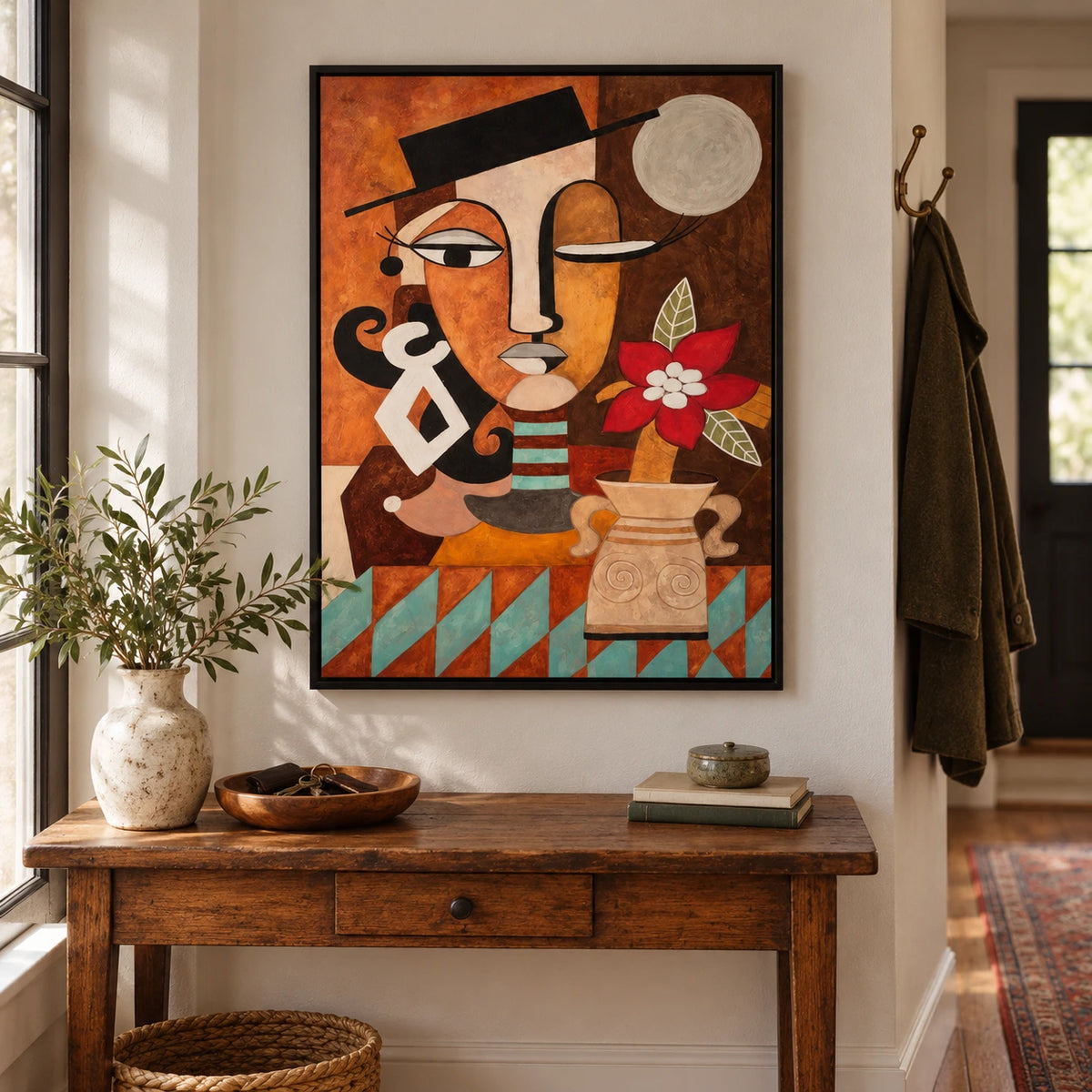 Cubist Woman with Red Flower Oil Painting | Black Hat Ochre Face Turquoise Accents and Vase Vertical Portrait Wall Art OA 1764