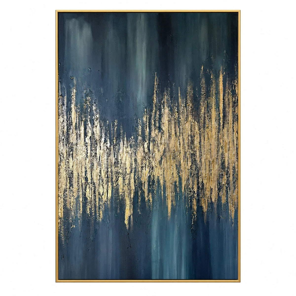 Dark Teal and Gold Abstract Oil Painting | Jagged Metallic Horizon and Blue Vertical Strokes Textured Wall Art #OA 1797