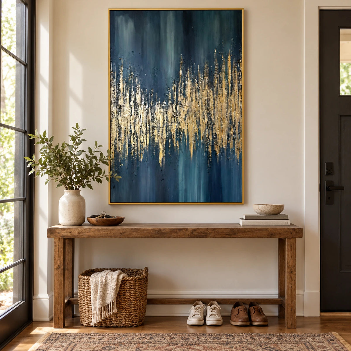 Dark Teal and Gold Abstract Oil Painting | Jagged Metallic Horizon and Blue Vertical Strokes Textured Wall Art #OA 1797