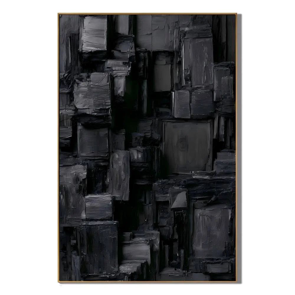 Deep Black and Charcoal Gray Urban Matrix Textured Abstract Oil Painting – Vertical Geometric Industrial Wall Art | Ownanart # OA 1209