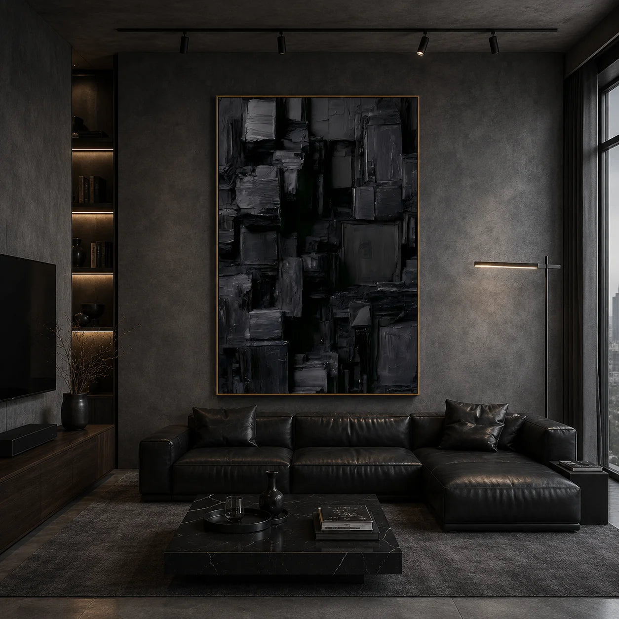 Deep Black and Charcoal Gray Urban Matrix Textured Abstract Oil Painting – Vertical Geometric Industrial Wall Art | Ownanart # OA 1209
