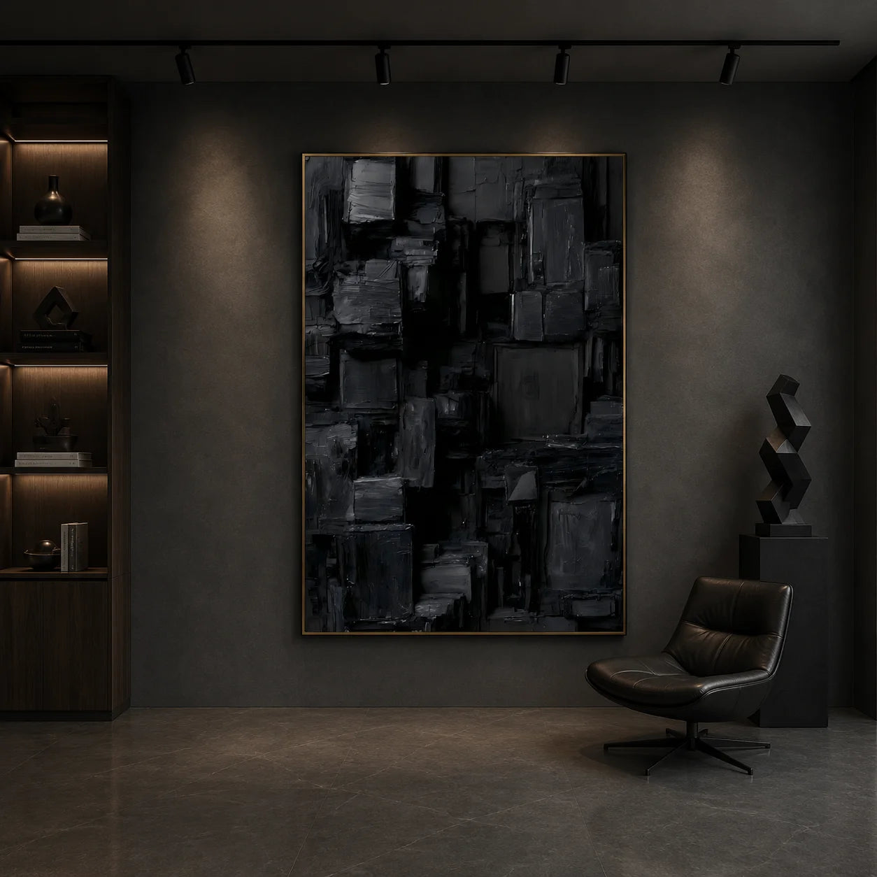 Deep Black and Charcoal Gray Urban Matrix Textured Abstract Oil Painting – Vertical Geometric Industrial Wall Art | Ownanart # OA 1209