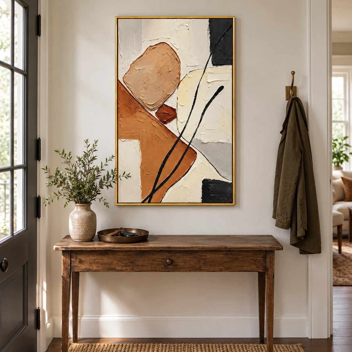 Earth Tone Abstract Oil Painting | Beige Cream Rust Black Blocks and Flowing Lines Textured Vertical Wall Art OA 1760