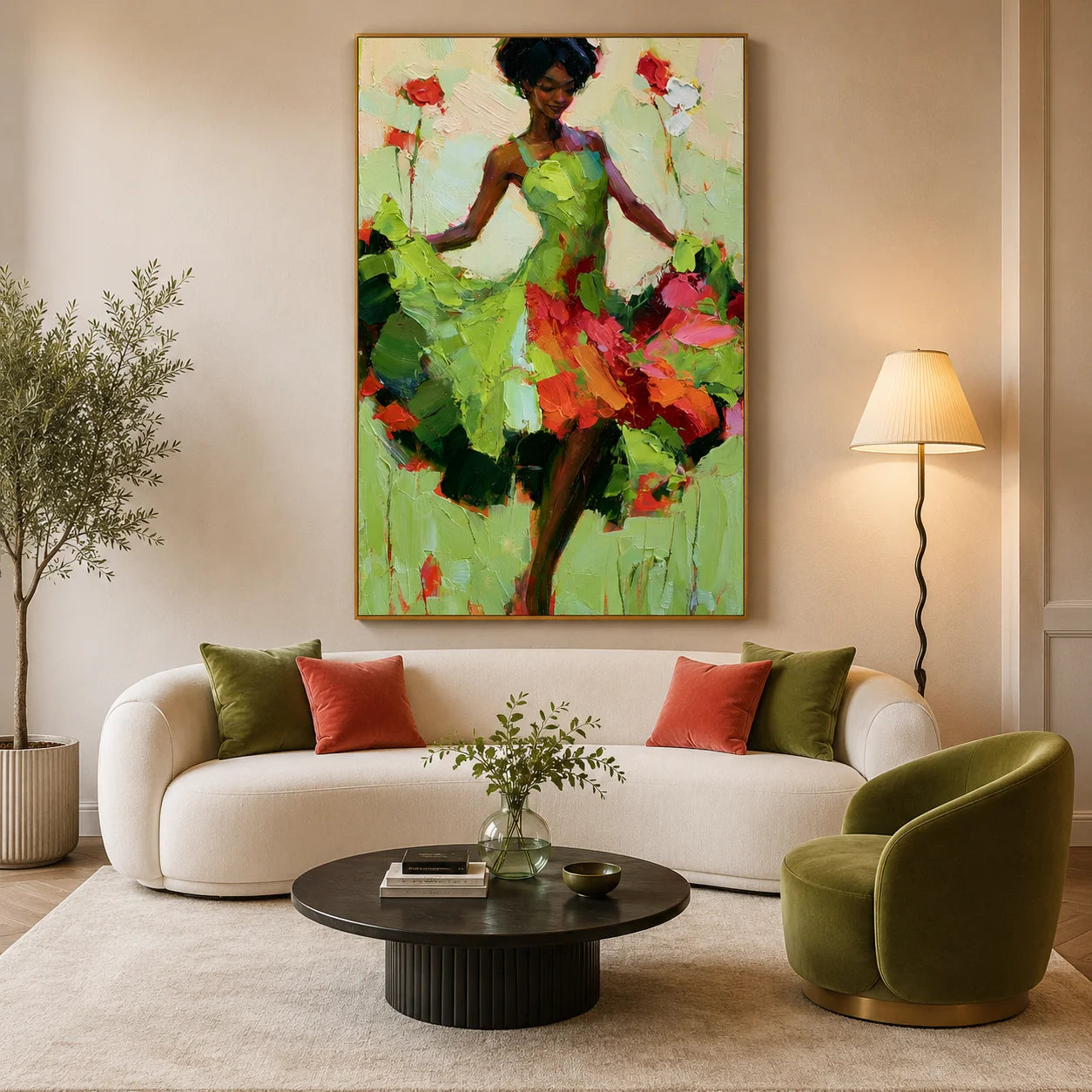 Elegant Woman in a Green Floral Dress Textured Figurative Oil Painting – Vertical Colorful Impasto Wall Art | Ownanart # OA 1218