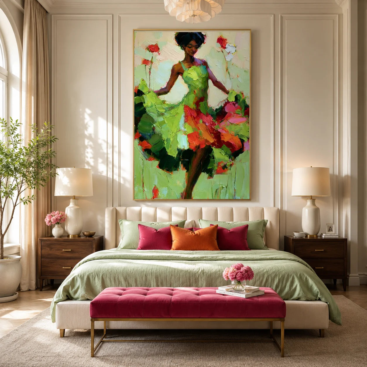 Elegant Woman in a Green Floral Dress Textured Figurative Oil Painting – Vertical Colorful Impasto Wall Art | Ownanart # OA 1218