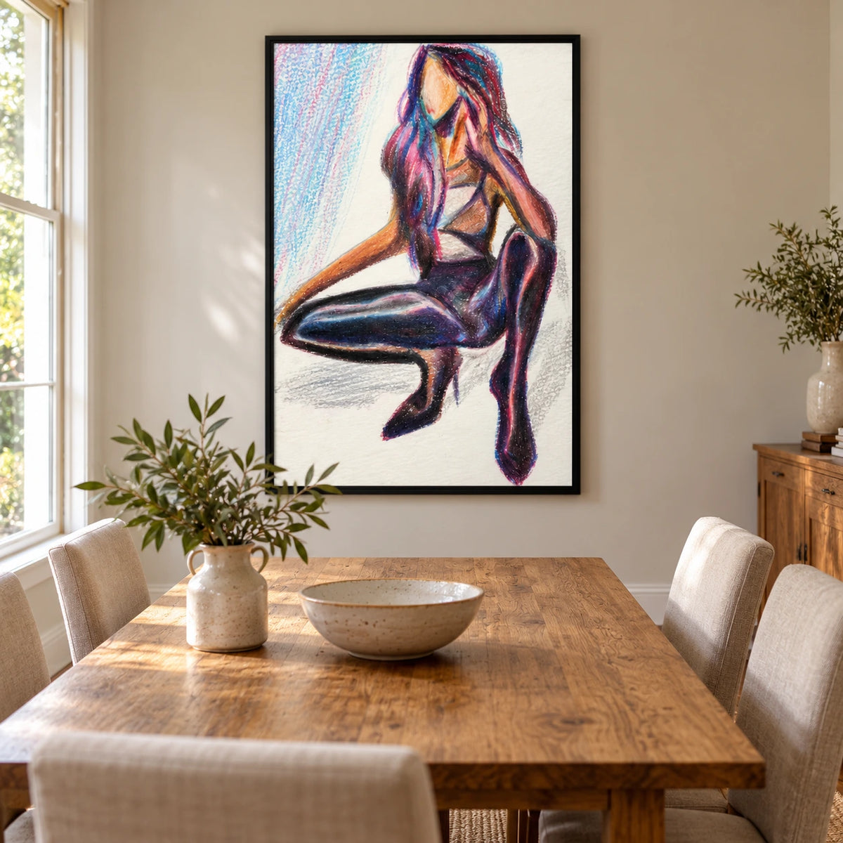 Faceless Seated Woman Oil Painting | Purple Hair and Dark Boots Minimalist Fashion Figure Wall Art #OA 1687
