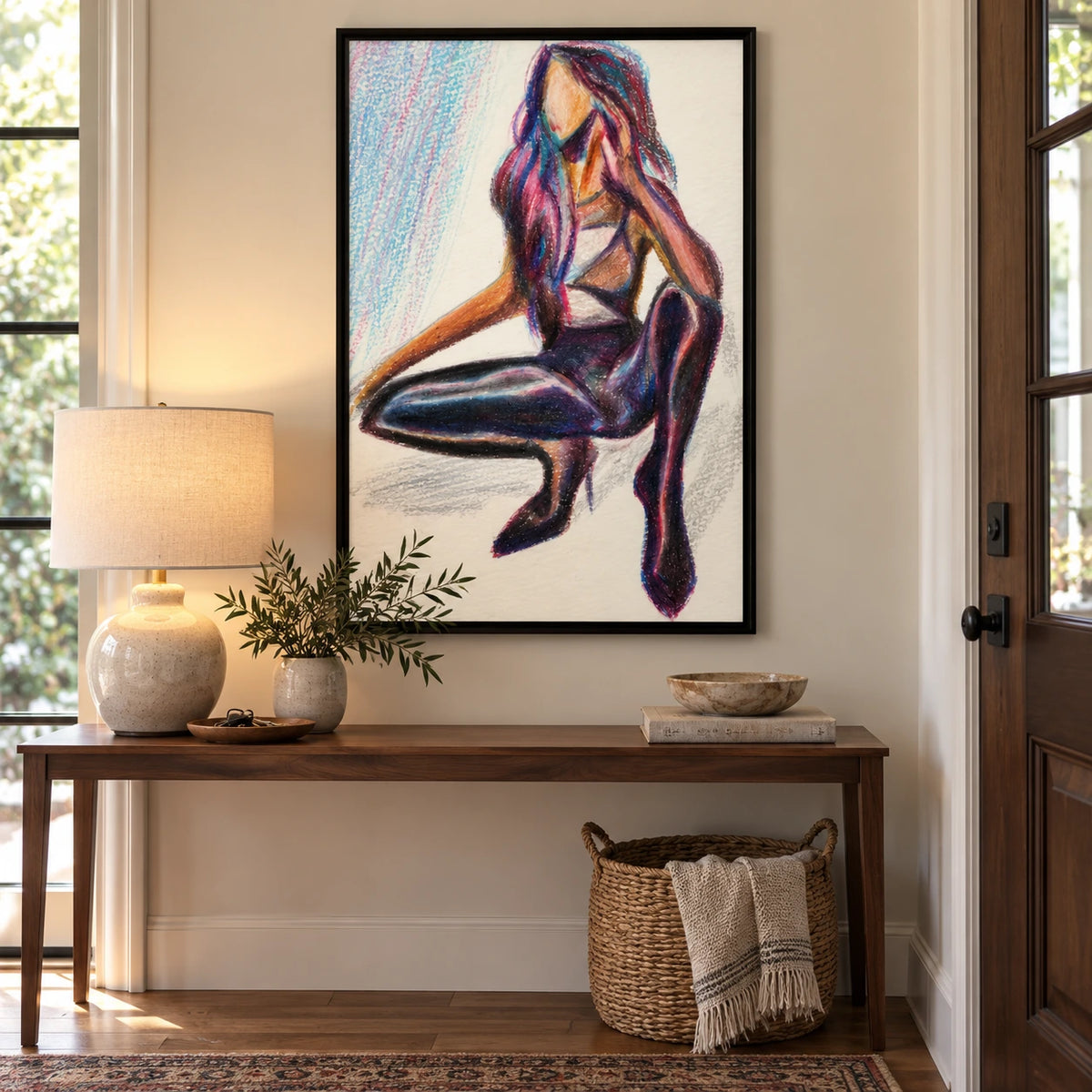 Faceless Seated Woman Oil Painting | Purple Hair and Dark Boots Minimalist Fashion Figure Wall Art #OA 1687