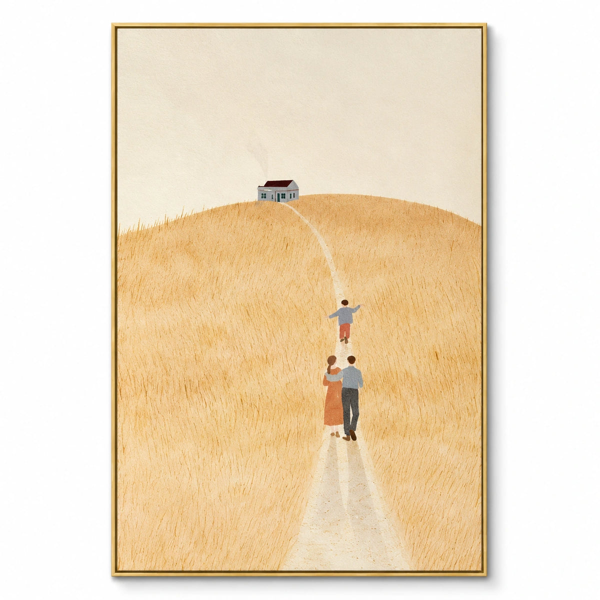 Family Walking Through Golden Field Oil Painting | Minimalist Country House Landscape Vertical Wall Art OA 1667