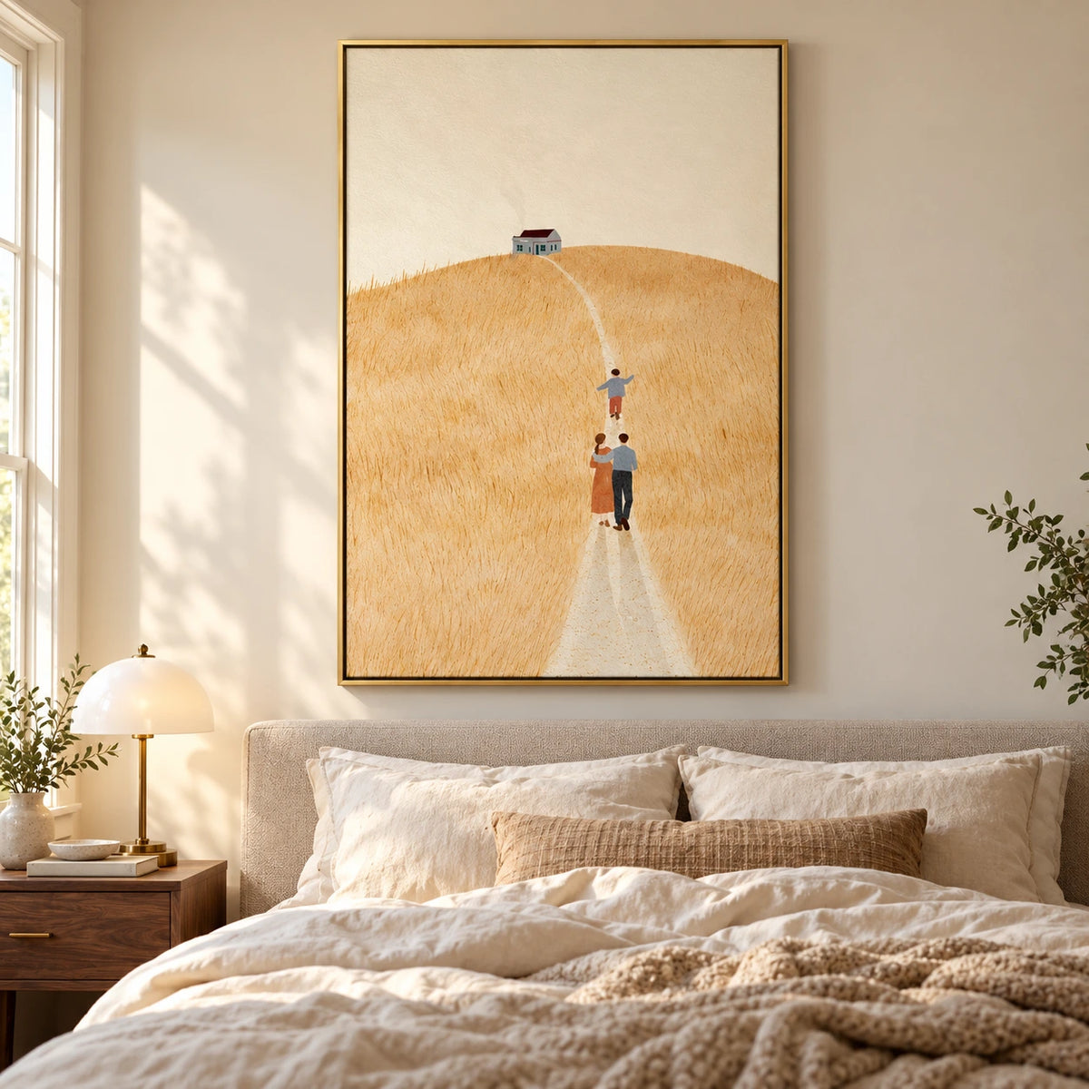 Family Walking Through Golden Field Oil Painting | Minimalist Country House Landscape Vertical Wall Art OA 1667