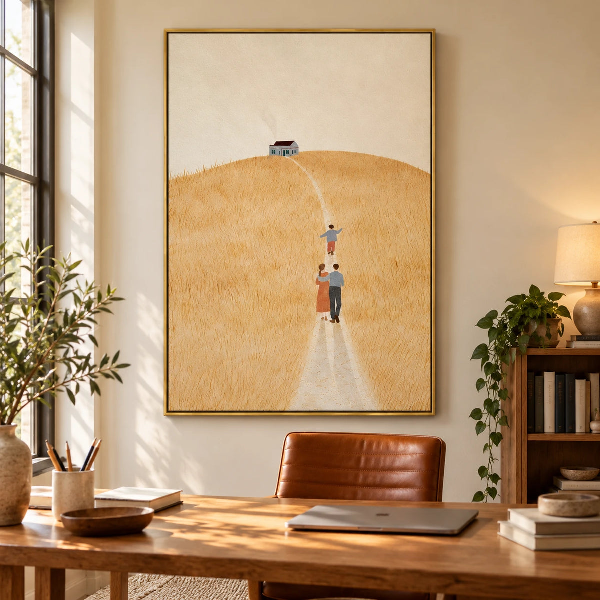 Family Walking Through Golden Field Oil Painting | Minimalist Country House Landscape Vertical Wall Art OA 1667
