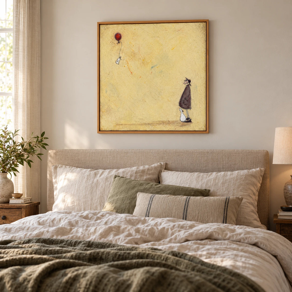 Figure and White Dog Watching Red Balloon Oil Painting | Pale Yellow Background Whimsical Square Wall Art OA 1767