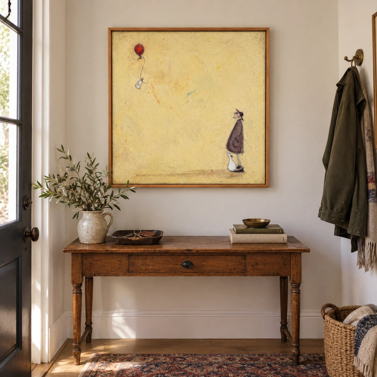 Figure and White Dog Watching Red Balloon Oil Painting | Pale Yellow Background Whimsical Square Wall Art OA 1767