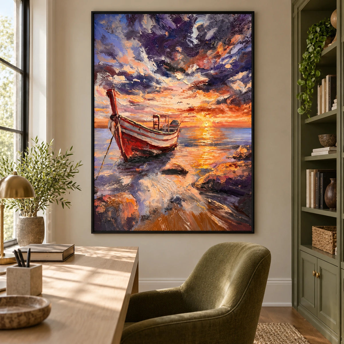 Fishing Boat at Sunset Oil Painting | Colorful Coastal Seascape Canvas Wall Art #OA 1606