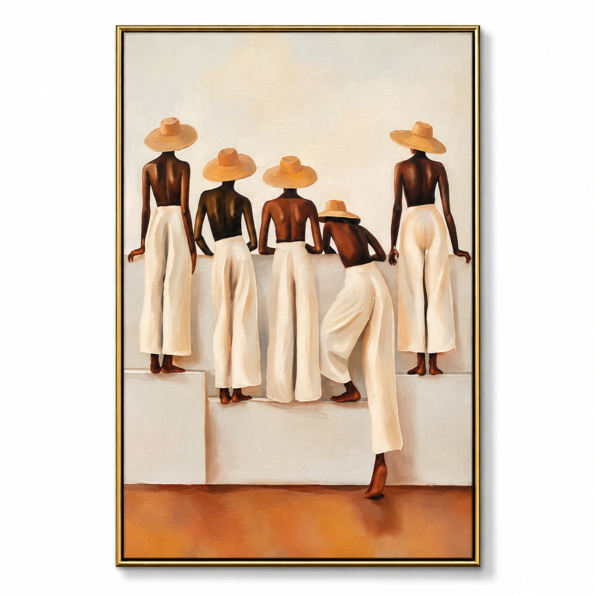 Five Women in Straw Hats and White Trousers Oil Painting | Neutral Terracotta Figurative Vertical Wall Art #OA 1641