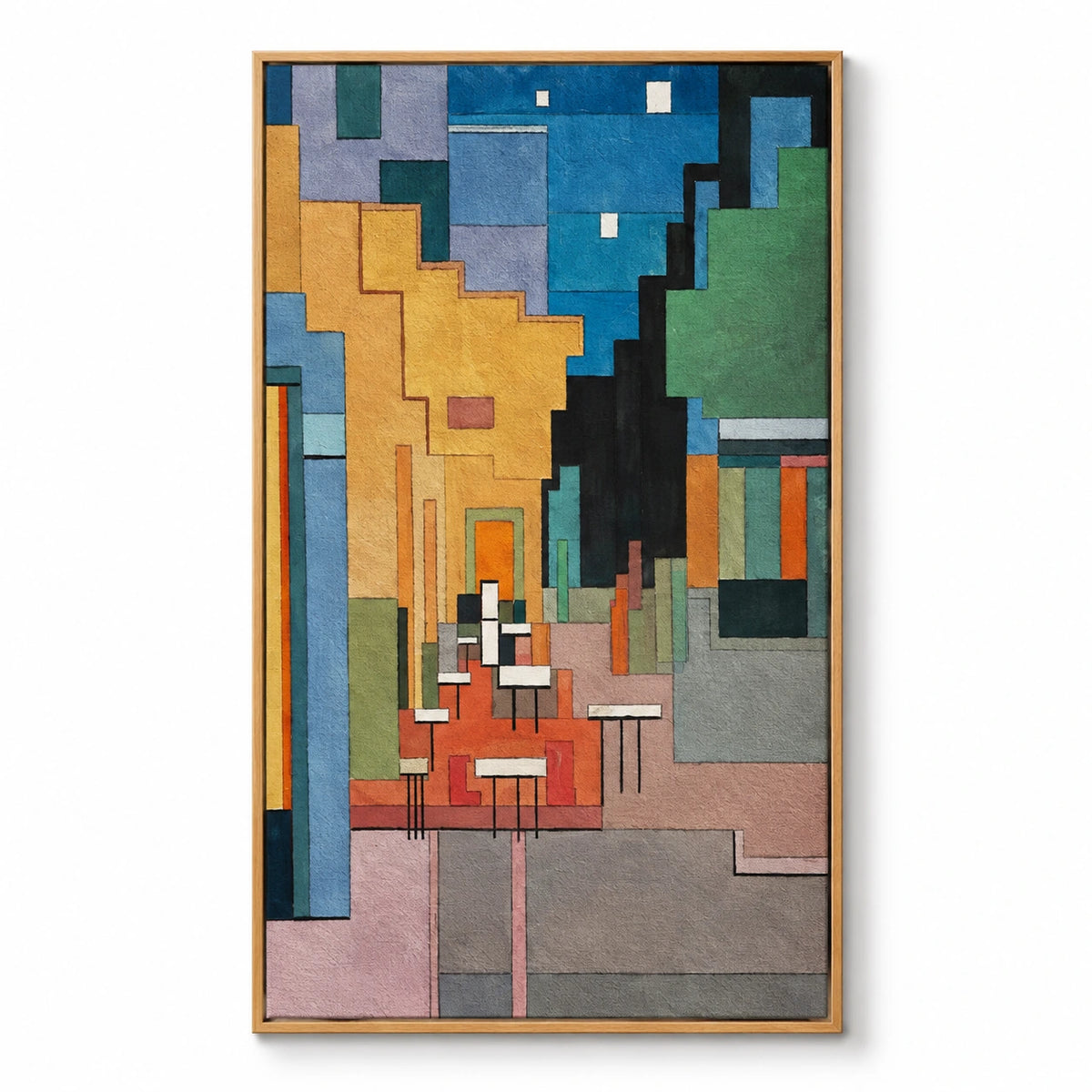 Geometric Cafe Alley Oil Painting | White Chairs Ochre Walls and Blue Sky Cubist Vertical Cityscape Wall Art #OA 1710