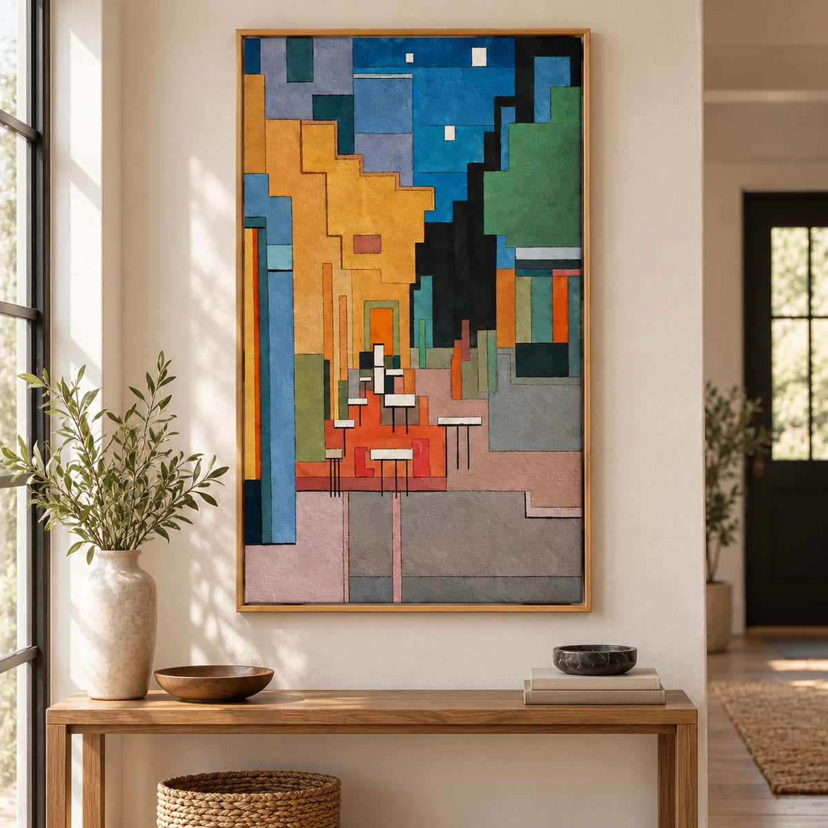 Geometric Cafe Alley Oil Painting | White Chairs Ochre Walls and Blue Sky Cubist Vertical Cityscape Wall Art #OA 1710