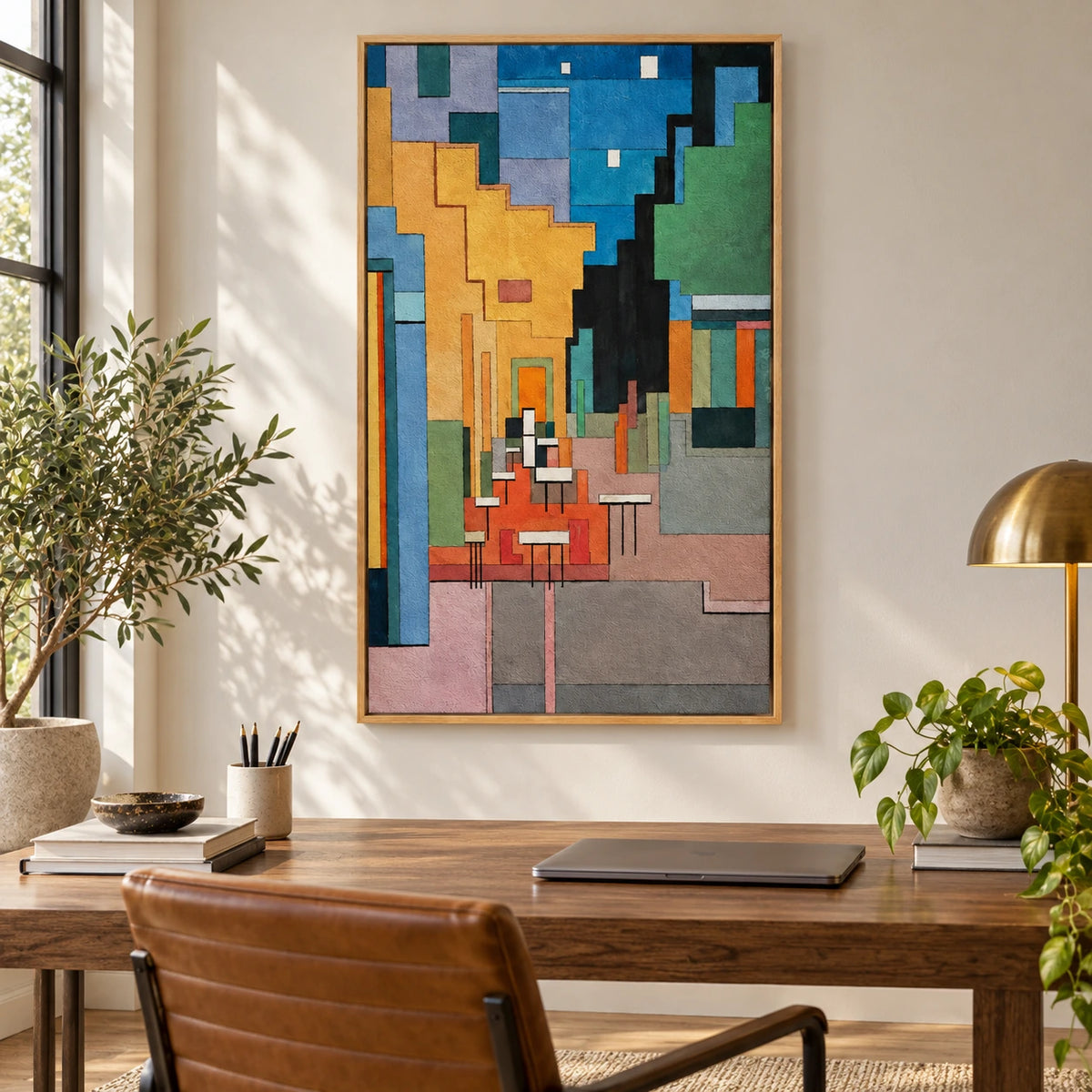 Geometric Cafe Alley Oil Painting | White Chairs Ochre Walls and Blue Sky Cubist Vertical Cityscape Wall Art #OA 1710