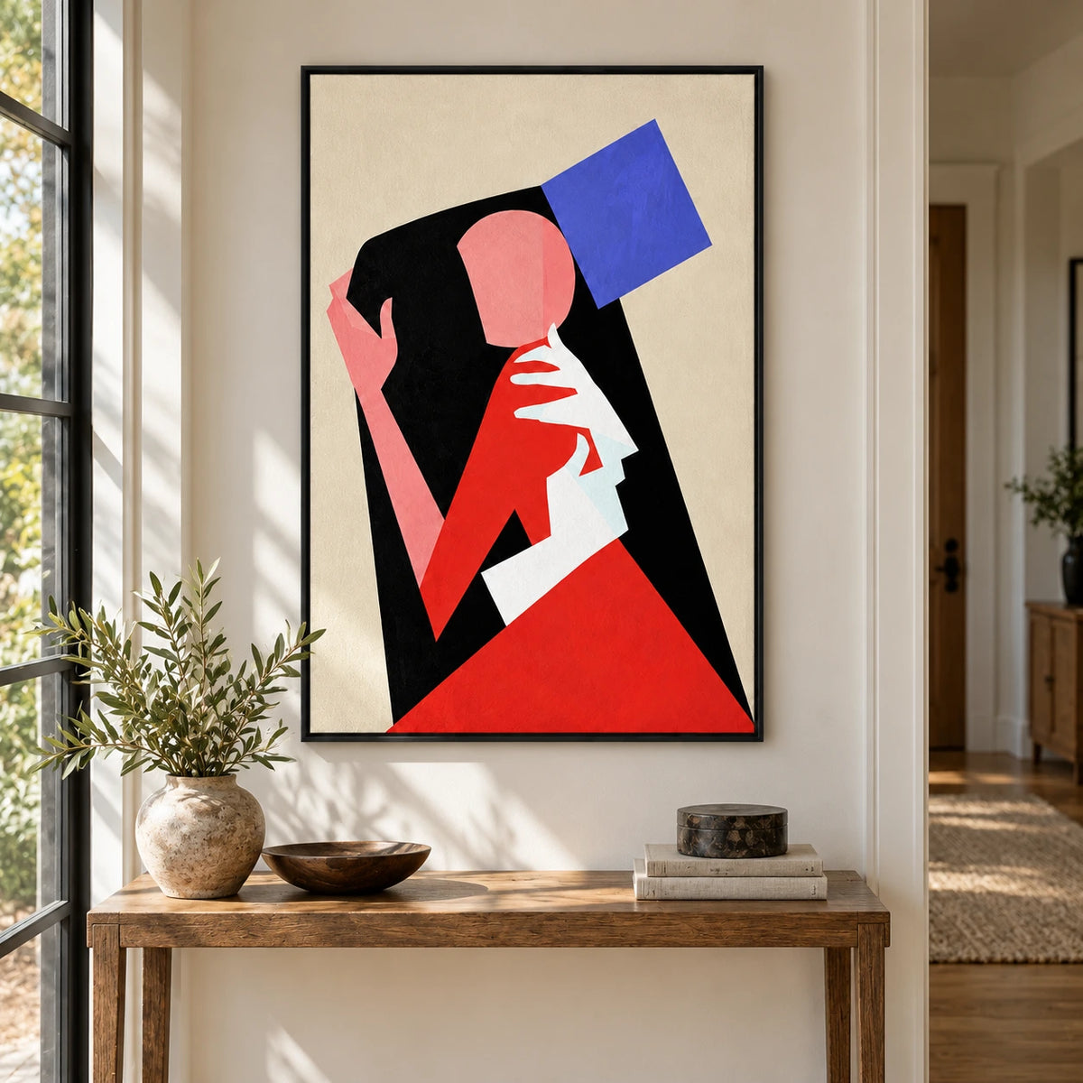 Geometric Faceless Portrait Oil Painting | Pink Hands Red White and Blue Shapes Black and Cream Vertical Wall Art #OA 1719