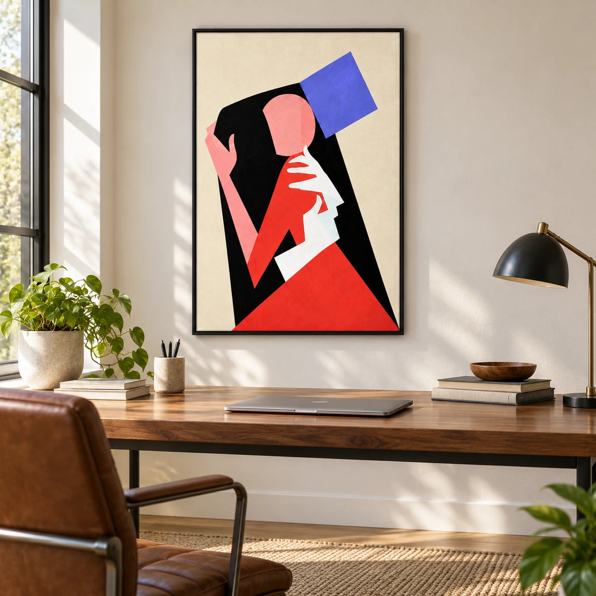 Geometric Faceless Portrait Oil Painting | Pink Hands Red White and Blue Shapes Black and Cream Vertical Wall Art #OA 1719