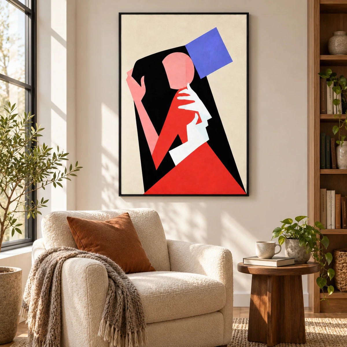 Geometric Faceless Portrait Oil Painting | Pink Hands Red White and Blue Shapes Black and Cream Vertical Wall Art #OA 1719